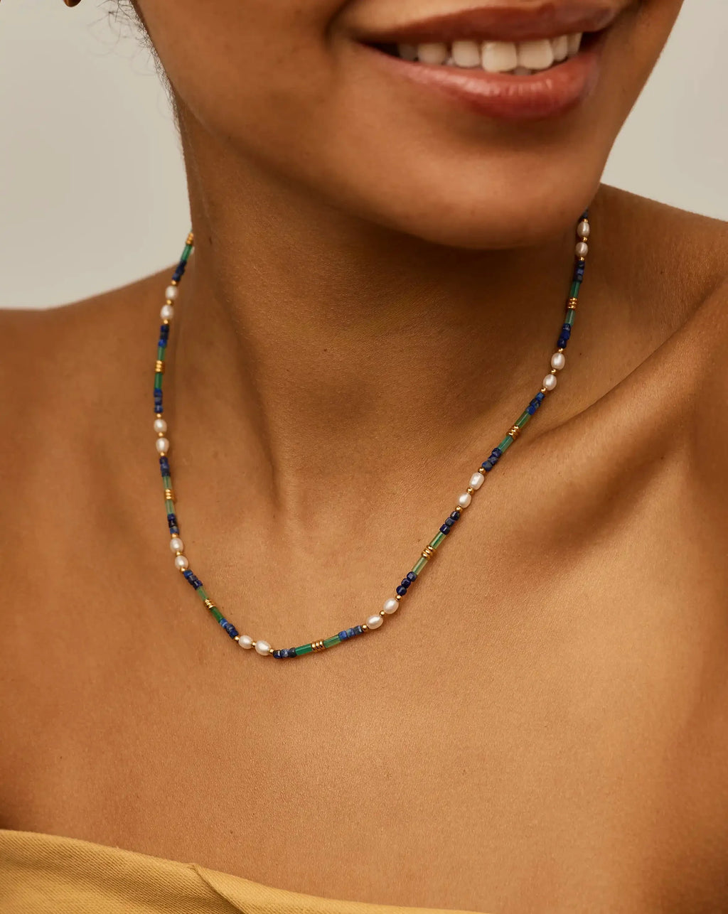 Beaded Gemstone & Pearl Short Necklace | 18ct Gold Plated/Lagoon Blue
