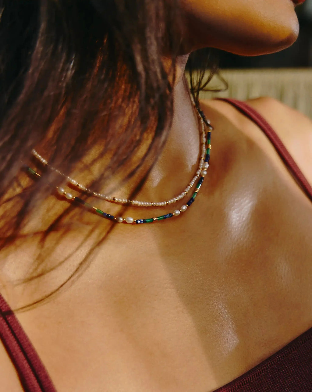 Beaded Gemstone & Pearl Short Necklace | 18ct Gold Plated/Lagoon Blue