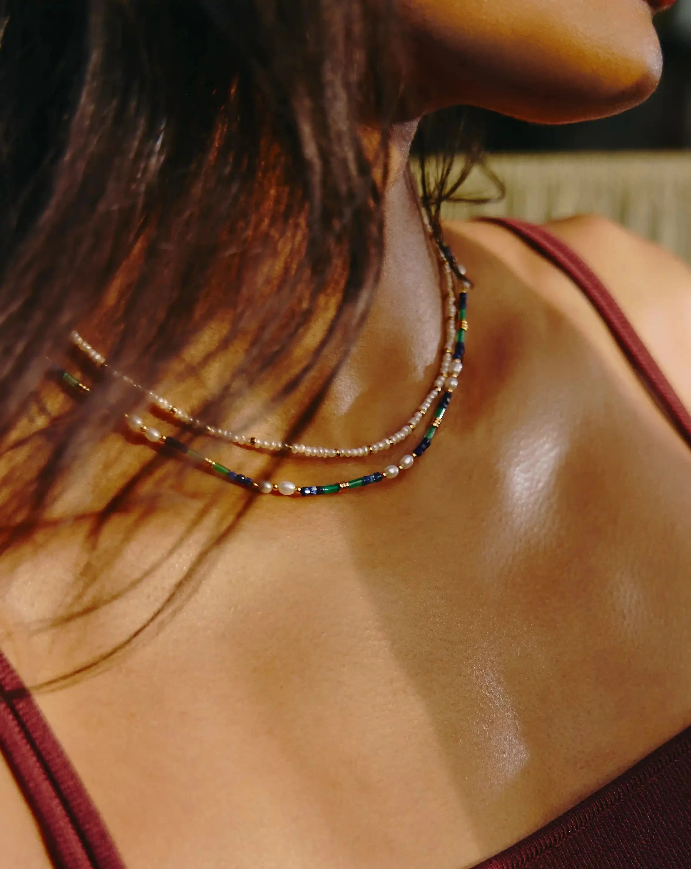 Beaded Gemstone & Pearl Short Necklace | 18ct Gold Plated/Lagoon Blue