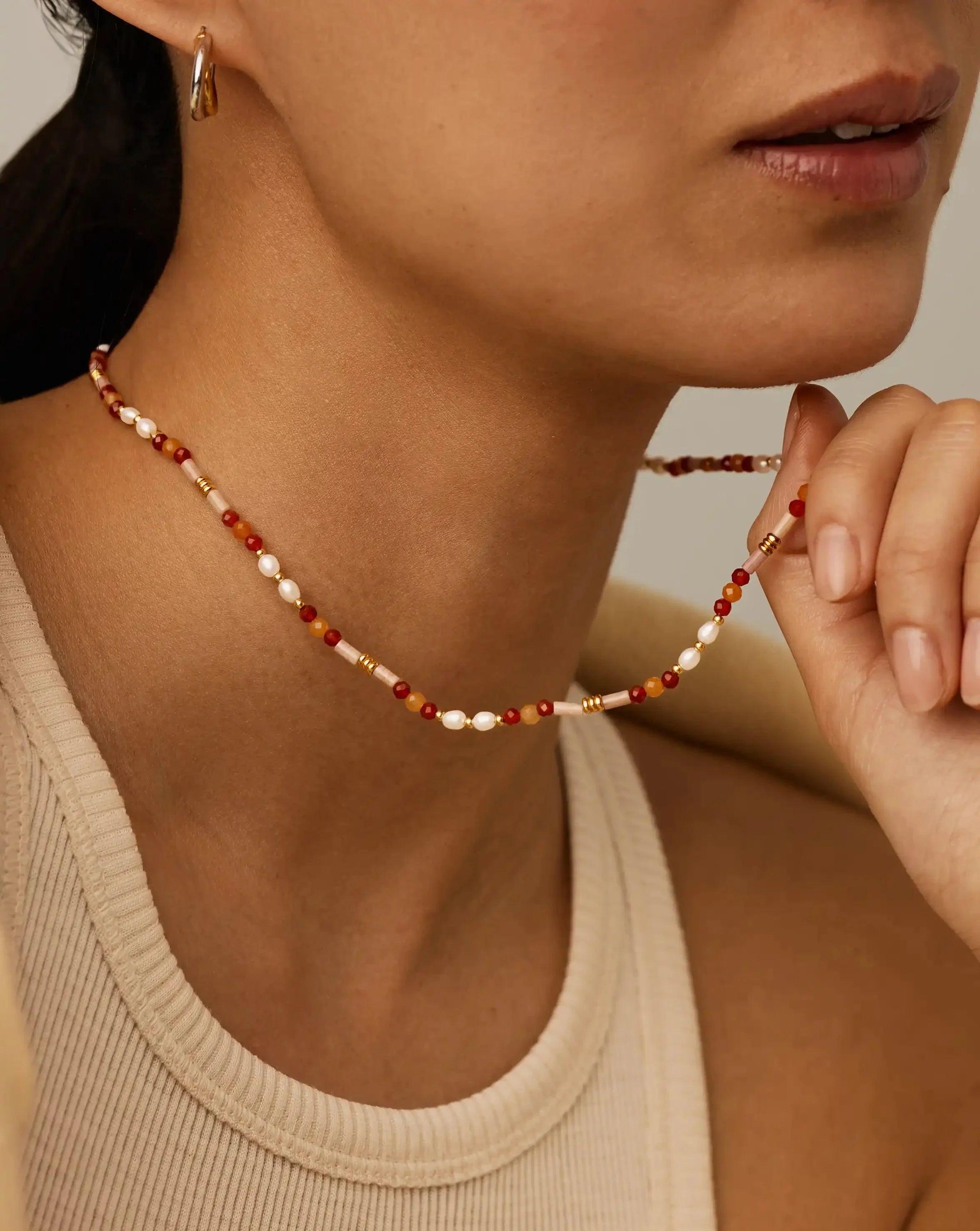 Beaded Gemstone & Pearl Short Necklace | 18ct Gold Plated/Paloma Pink