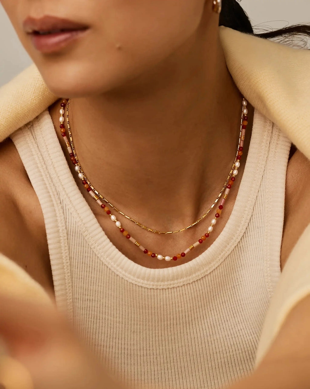 Beaded Gemstone & Pearl Short Necklace | 18ct Gold Plated/Paloma Pink