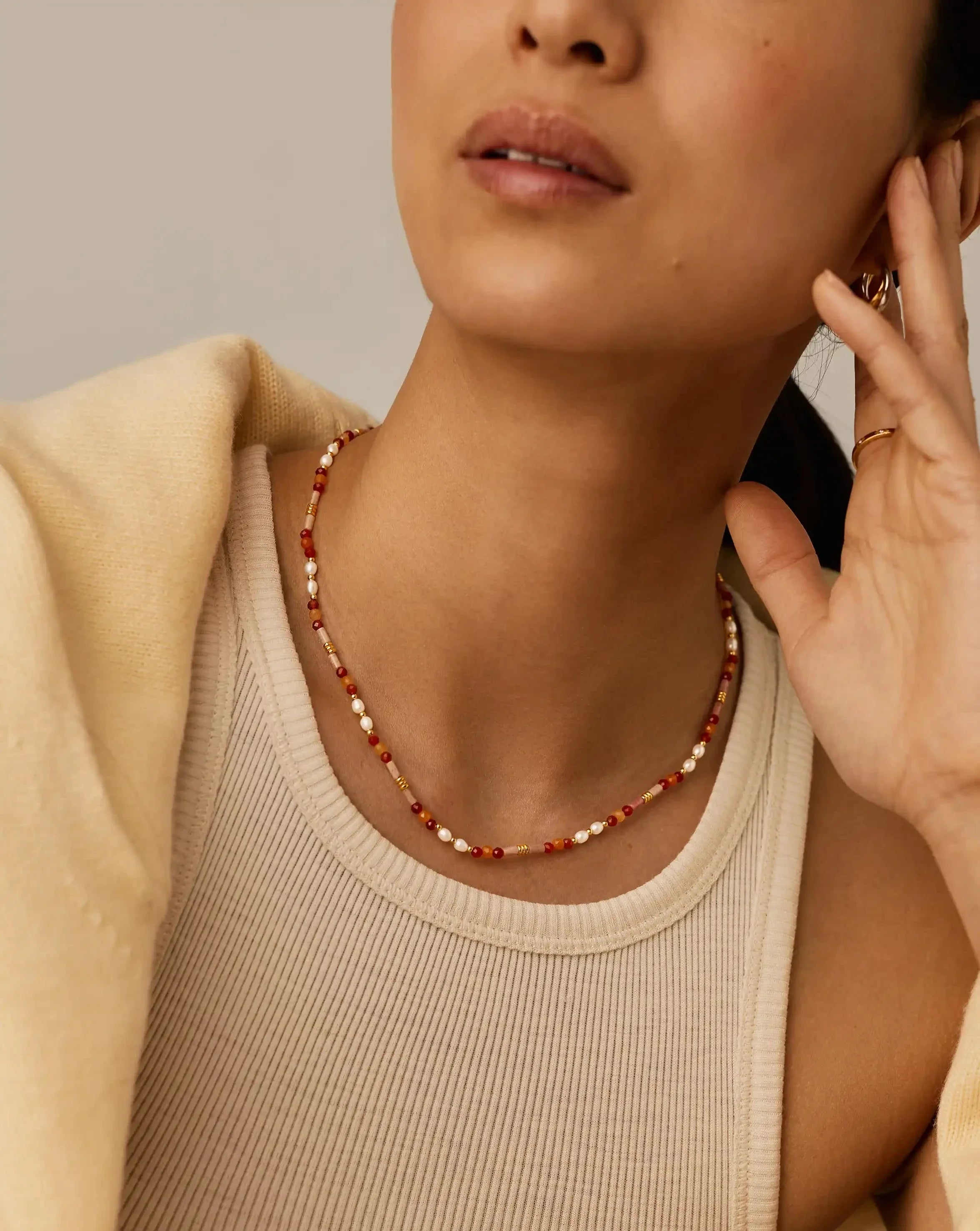 Beaded Gemstone & Pearl Short Necklace | 18ct Gold Plated/Paloma Pink