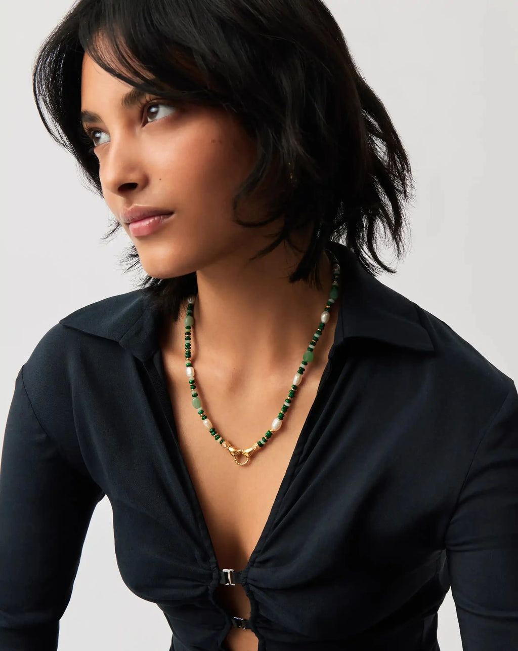Harris Reed In Good Hands Beaded Gemstone Necklace | 18ct Gold Plated/Multi Green Gemstone & Pearl