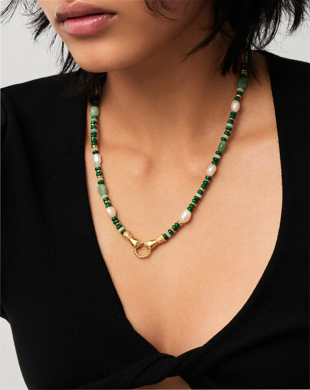 Harris Reed In Good Hands Beaded Gemstone Necklace | 18ct Gold Plated/Multi Green Gemstone & Pearl