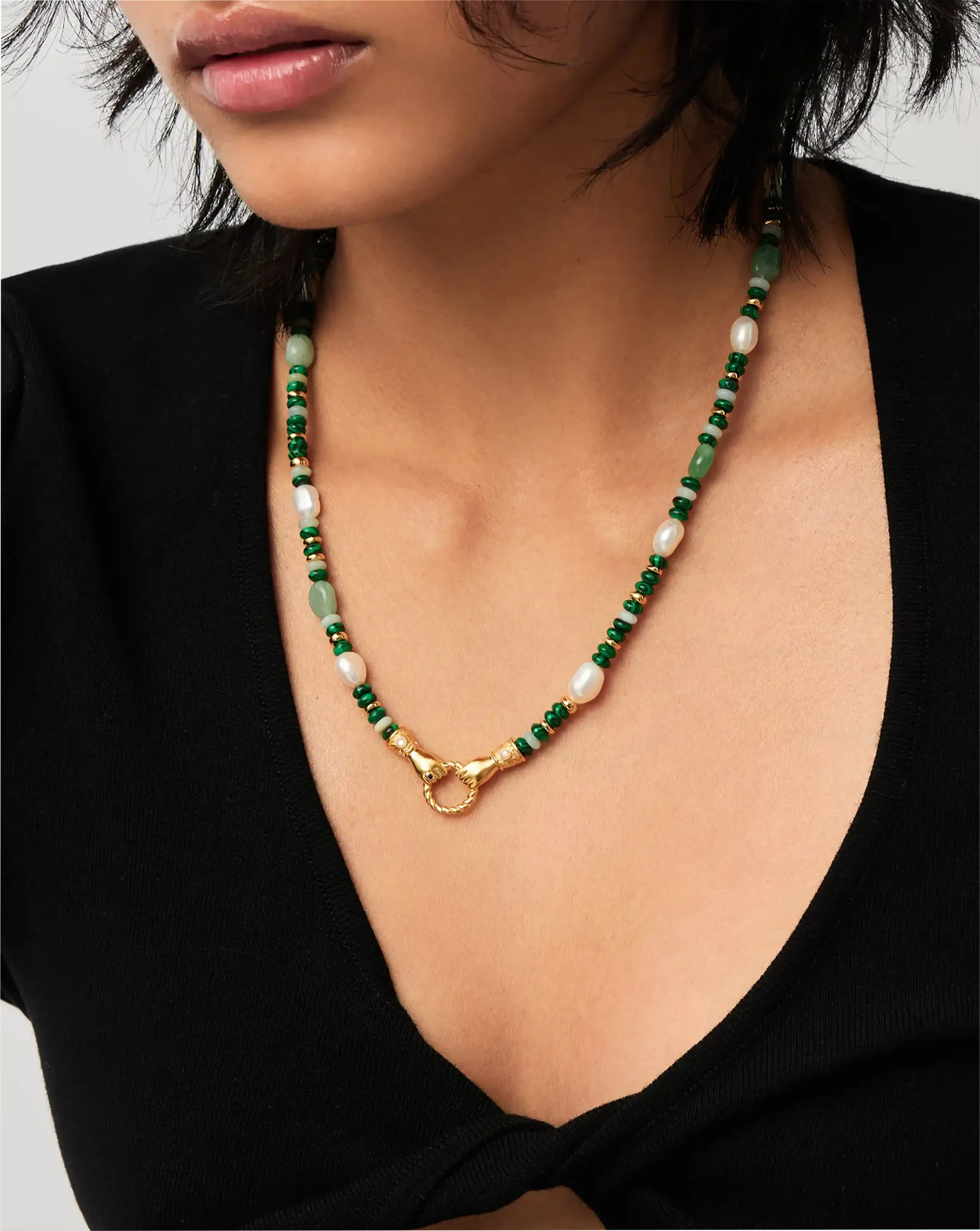 Harris Reed In Good Hands Beaded Gemstone Necklace | 18ct Gold Plated/Multi Green Gemstone & Pearl