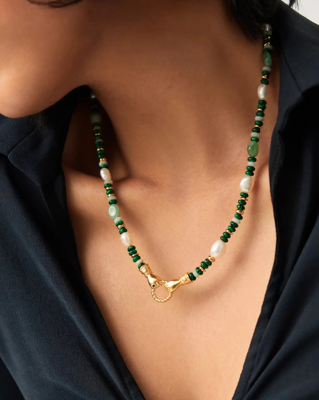Harris Reed In Good Hands Beaded Gemstone Necklace | 18ct Gold Plated/Multi Green Gemstone & Pearl