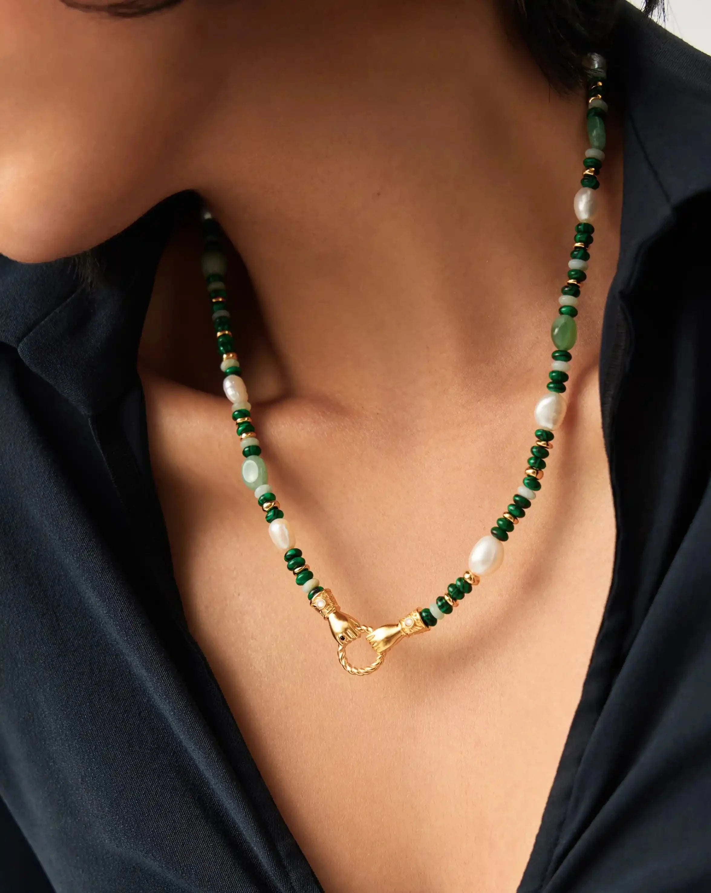 Harris Reed In Good Hands Beaded Gemstone Necklace | 18ct Gold Plated/Multi Green Gemstone & Pearl