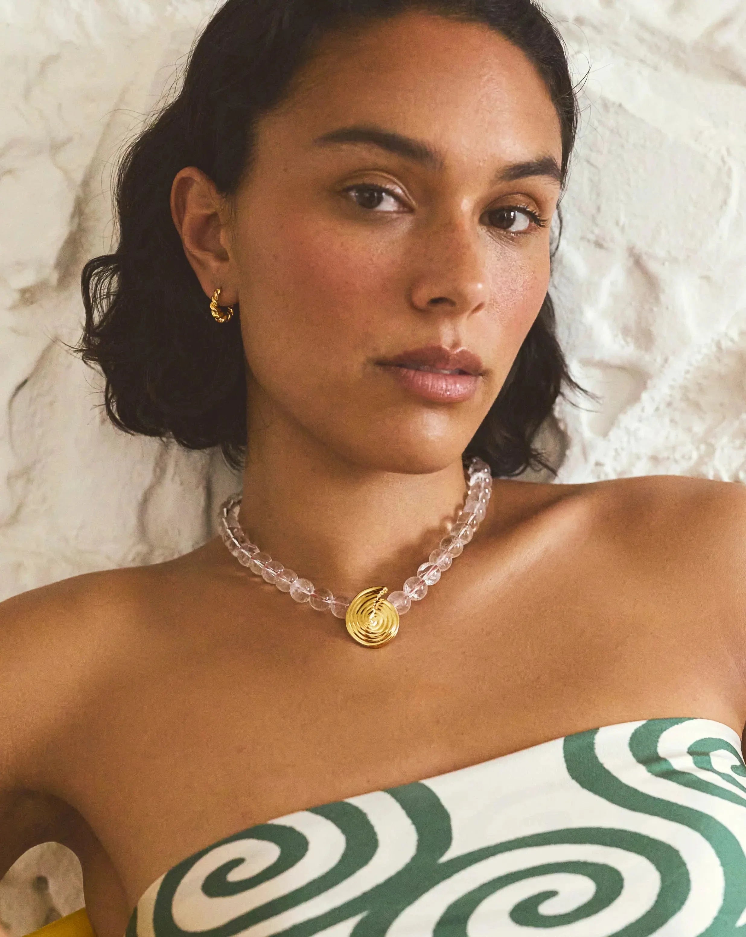 Spiral Gemstone Beaded Pendant Necklace | 18ct Gold Plated/Clear Crystal Quartz