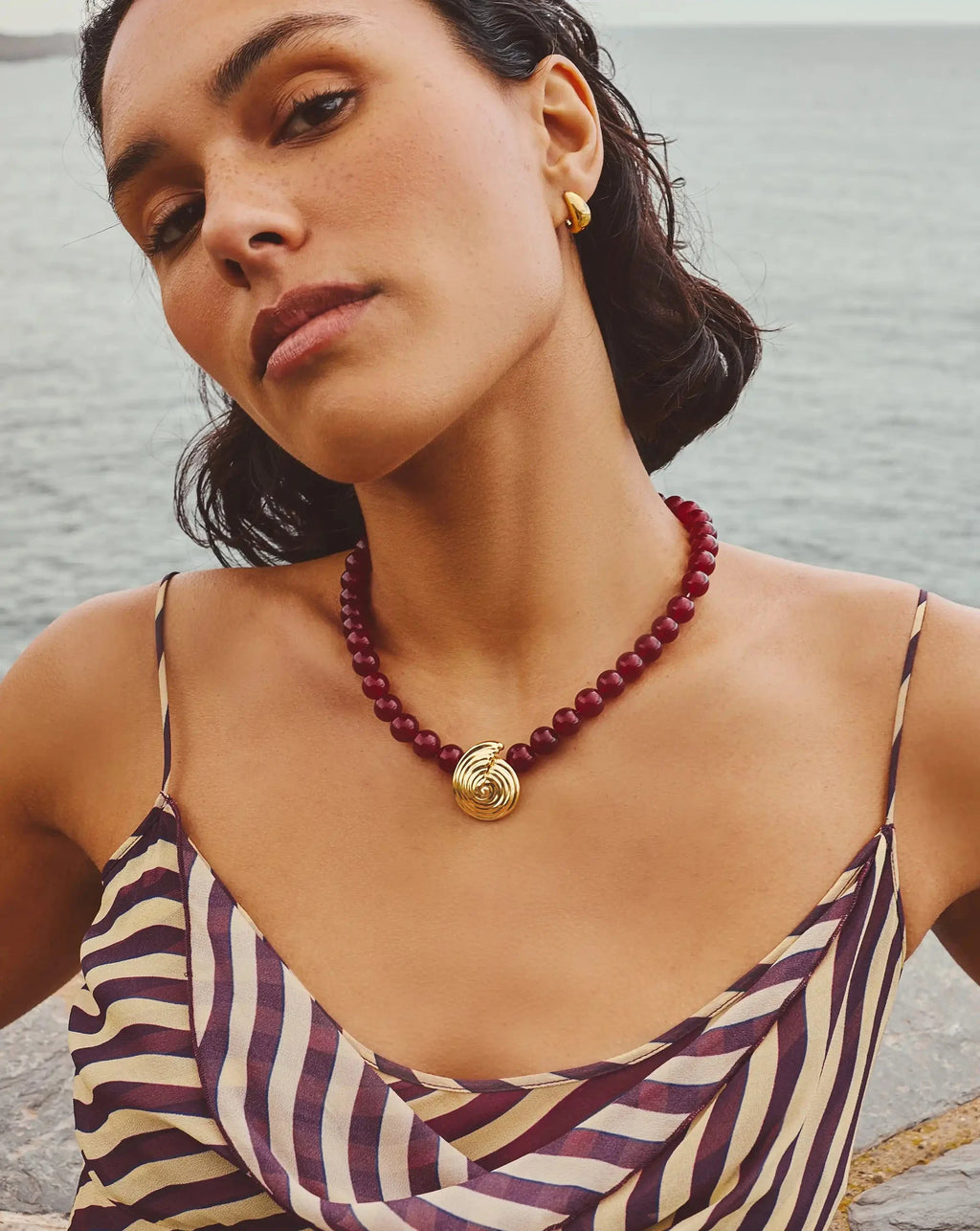 Spiral Gemstone Beaded Pendant Necklace | 18ct Gold Plated/Dark Cherry Crystal Quartz
